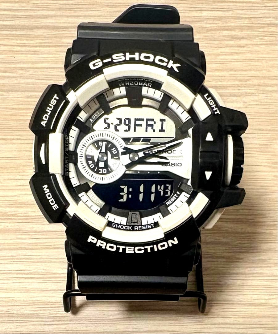 Casio G-Shock GA-400 black and white shock resistant watch with analog-digital display and large side rotary switch