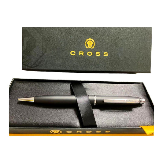 Cross ballpoint pen in matte black finish with silver accents and black ink, shown with original box