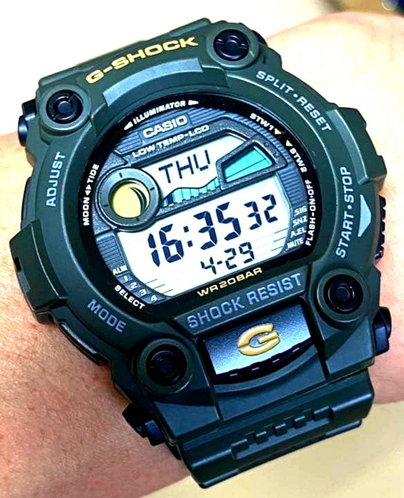 Casio G-Shock G-7900 military green unisex watch with tide graph feature and box