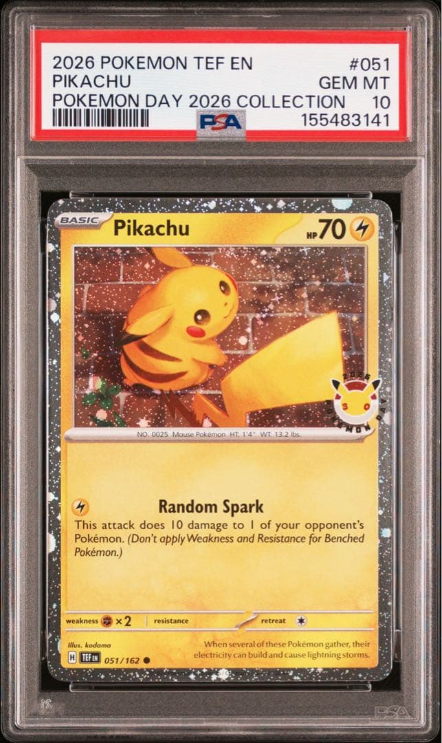 PSA10 graded Pikachu Promo card from Pokemon Day 2026 with clear protective case
