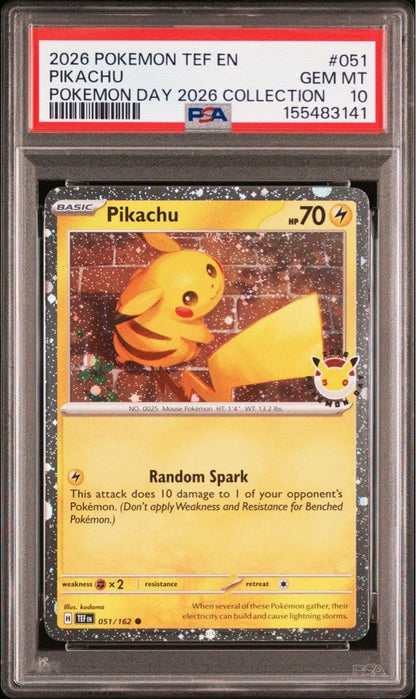 PSA10 graded Pikachu Promo card from Pokemon Day 2026 with clear protective case