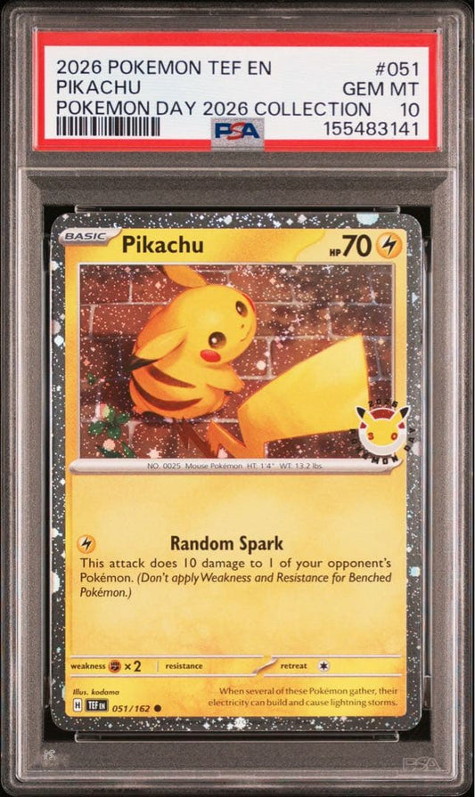 PSA10 graded Pikachu Promo card from Pokemon Day 2026 with clear protective case