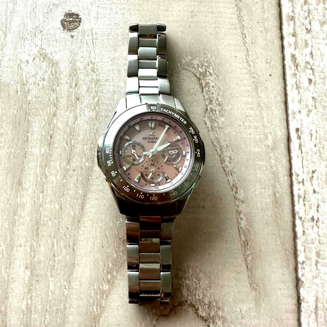 Casio Oceanus OCW-40T Radio Solar Ladies Watch showing silver dial and metal band