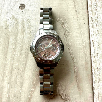 Casio Oceanus OCW-40T Radio Solar Ladies Watch showing silver dial and metal band