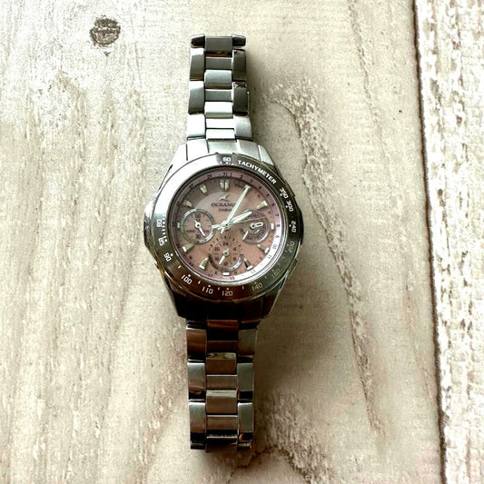 Casio Oceanus OCW-40T Radio Solar Ladies Watch showing silver dial and metal band