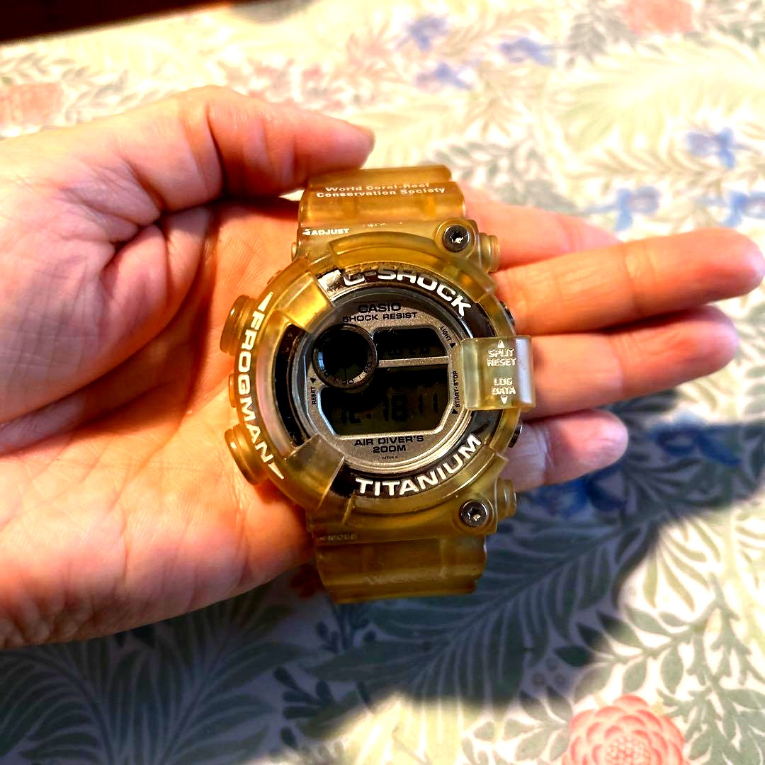 Casio G-Shock Frogman digital watch in clear color with titanium material and logo on the back