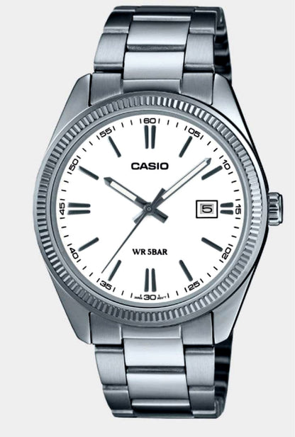 Casio MTP-1302D-7A1JF authentic Japan import watch with stainless steel band and white dial