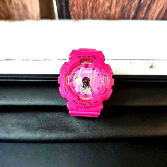 Casio Baby-G BA-120SP pink watch with resin band and round dial showing time