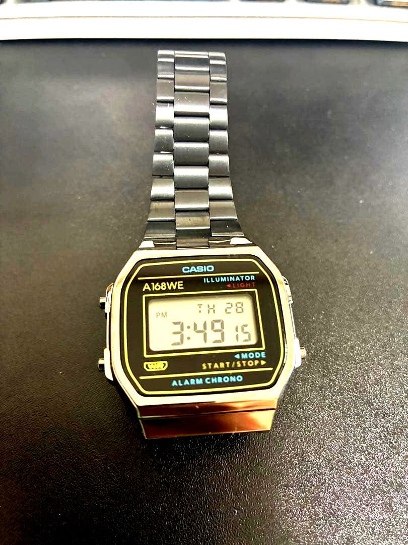 Casio Classic A168WEHB-1ADF digital watch black and silver Japan import shown front view
