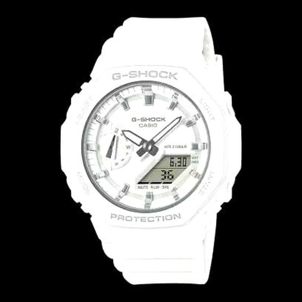Casio G-Shock GMA-S2100-7AJF white resin quartz watch with octagonal slim case and flat face