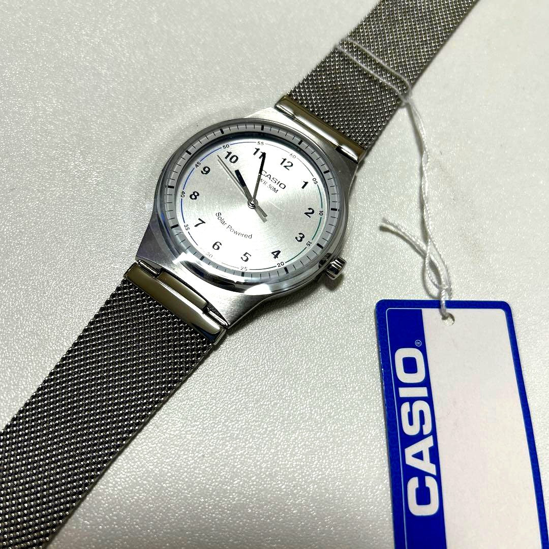 Casio MTP-RS105M-7B solar watch with white dial and stainless steel band, new with tags and protective film