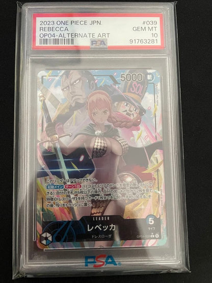 PSA GEM MT 10 graded Rebecca Leader Parallel One Piece card from Kingdom of Schemes OP04 set