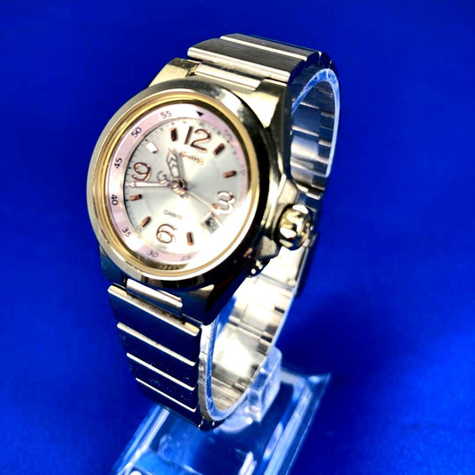 Casio Baby-G MSA-5200DGJ women's gold stainless steel watch with round dial and silver replacement strap