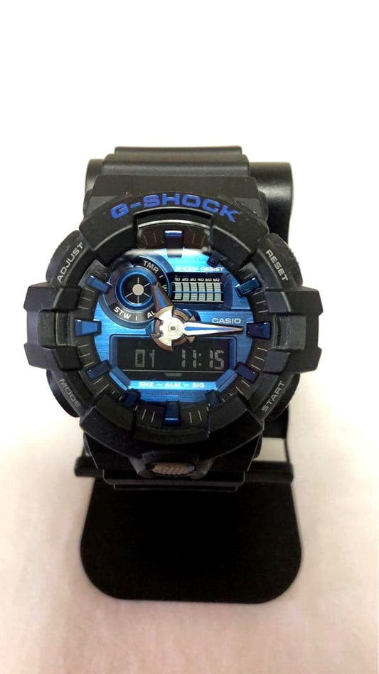 Casio G-Shock GA-710 combination digital analog watch with black and blue resin band