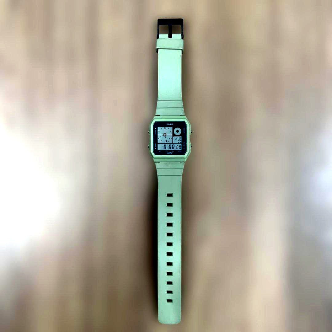 Casio Digital Square Watch LF-20W with green light on display showing timer and time