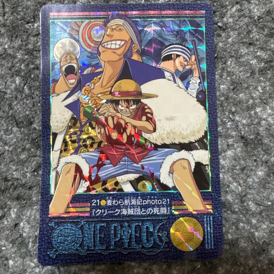 One Piece Visual Adventure No. 21 collectible card showing Croc crew battle, Japan import with minor scratches and dirt