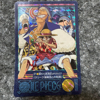 One Piece Visual Adventure No. 21 collectible card showing Croc crew battle, Japan import with minor scratches and dirt