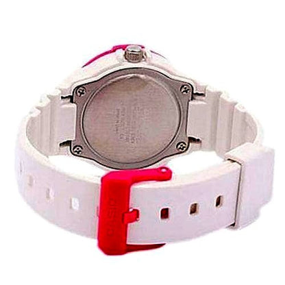 Casio LRW-200H-4B unisex wristwatch with white dial, pink resin band, water resistant up to 100 meters
