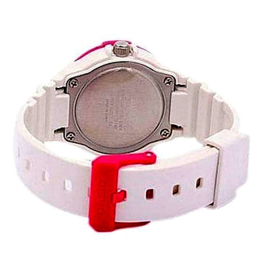 Casio LRW-200H-4B unisex wristwatch with white dial, pink resin band, water resistant up to 100 meters