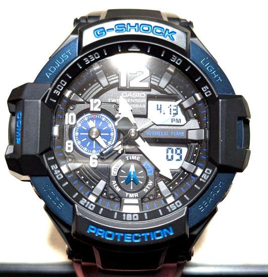 Casio G-Shock Gravity Master SkyCockpit GA1100-2B watch black and blue with digital display and twin sensors