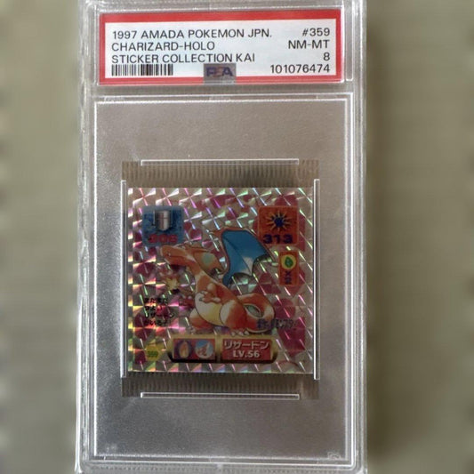 Charizard Amada Prism Pokémon card graded PSA 8 or below in Japanese, packaged for collection