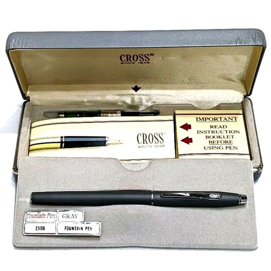 Cross fountain pen ink set model 2106 gray with fine nib, case, cartridges, and instruction manual