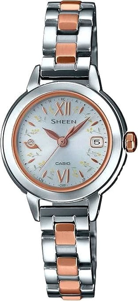 Casio Sheen radio-controlled solar watch with natural garden shell dial in silver and gold colors