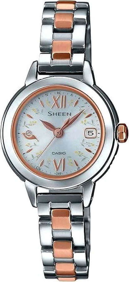 Casio Sheen radio-controlled solar watch with natural garden shell dial in silver and gold colors