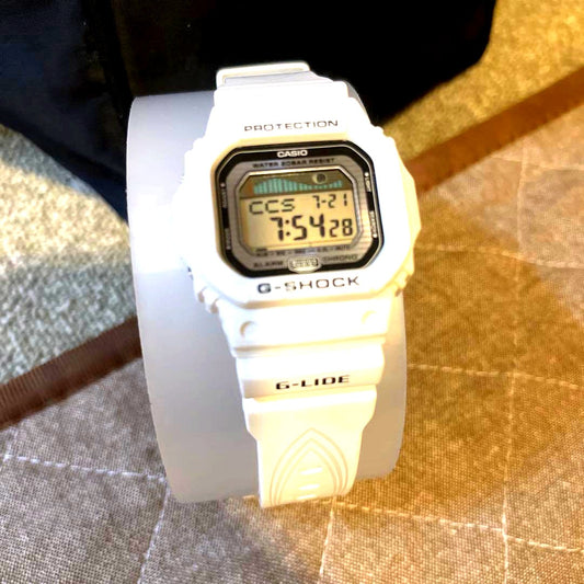 Casio G-Shock G-Lide white digital watch with black resin strap, shock resistant, used excellent condition