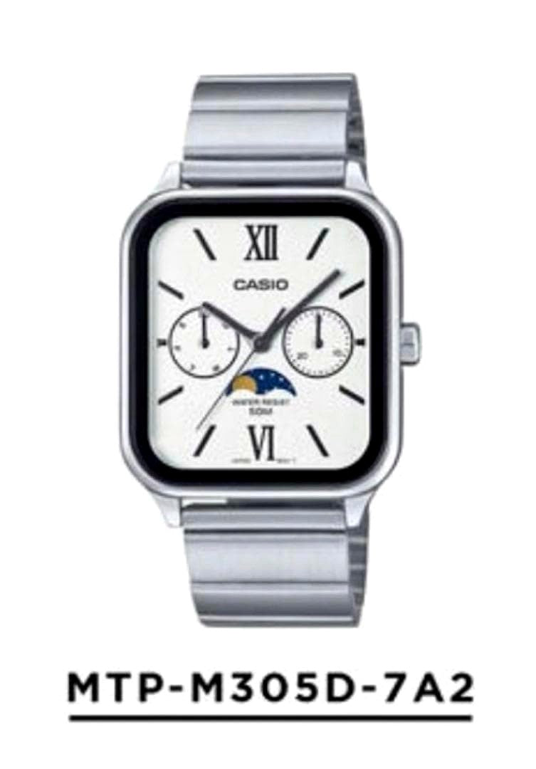 Casio MTP-M305D-7A2 quartz watch with moon phase display and silver stainless steel band