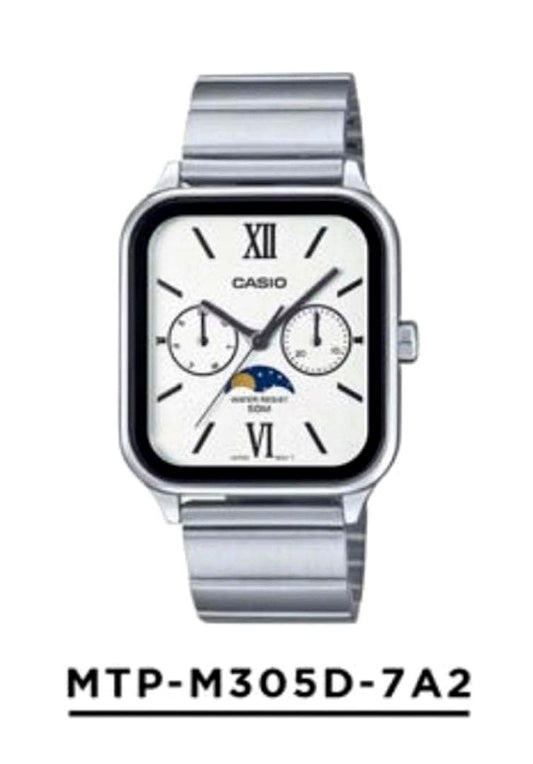 Casio MTP-M305D-7A2 quartz watch with moon phase display and silver stainless steel band