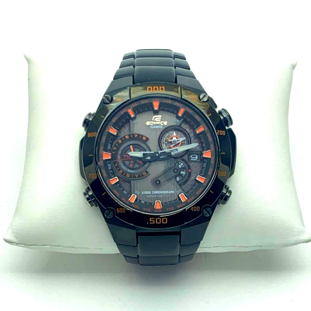 Casio Edifice BLX-1000 Black Edition watch with 44mm case and 17cm belt, showing normal use scratches