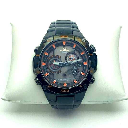 Casio Edifice BLX-1000 Black Edition watch with 44mm case and 17cm belt, showing normal use scratches