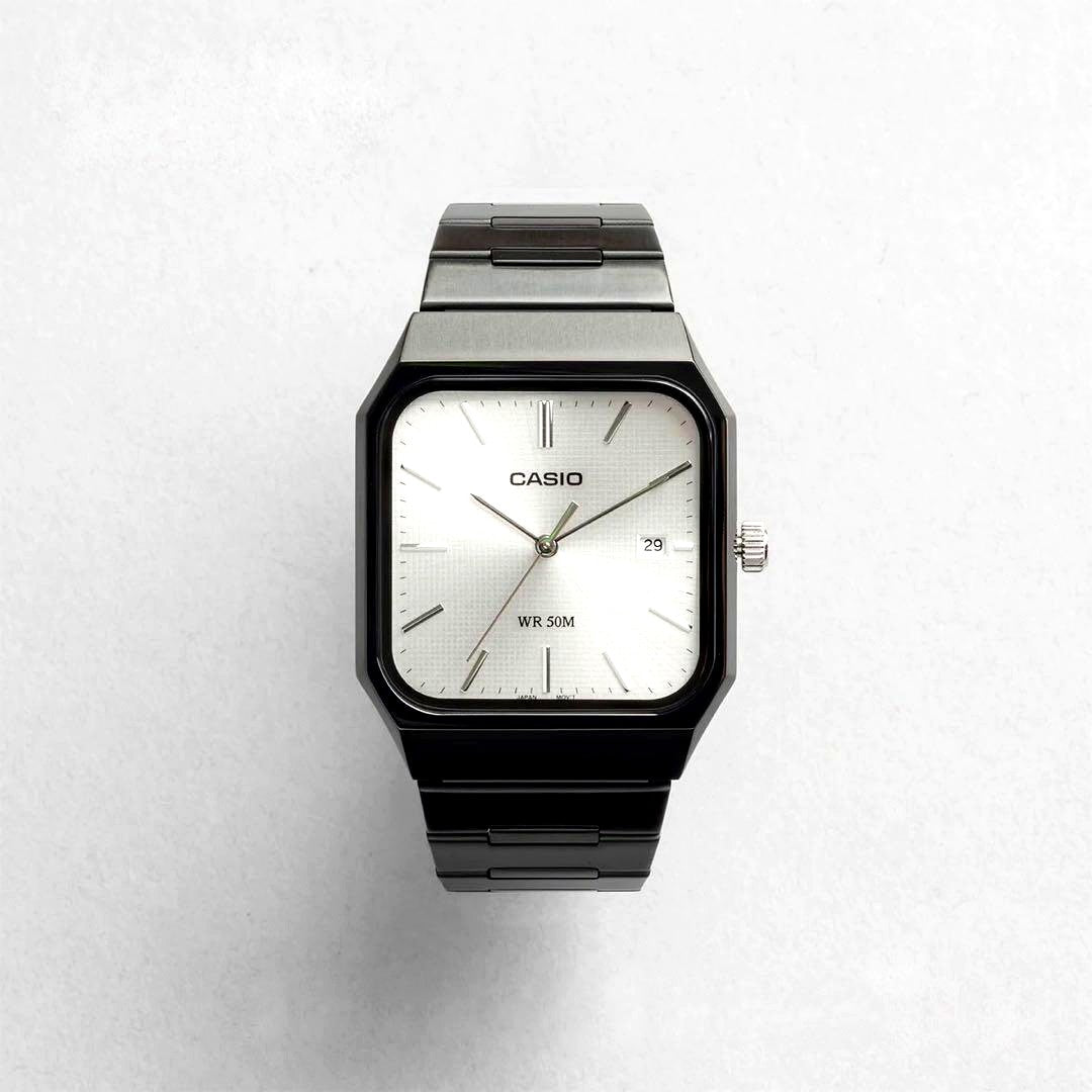 Casio MTP-B185B black silver wristwatch with stainless steel case and black leather band