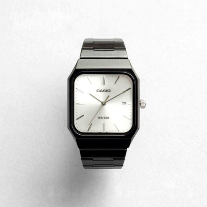 Casio MTP-B185B black silver wristwatch with stainless steel case and black leather band