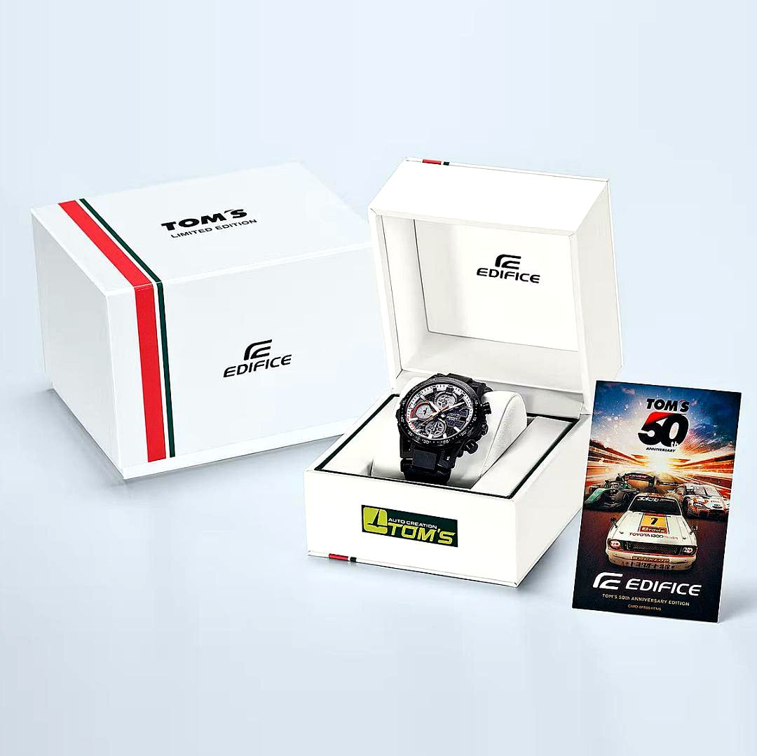 Tom's Toyota 50th Anniversary Limited Edition Solar Men's Watch with black dial and colorful racing car-inspired accents