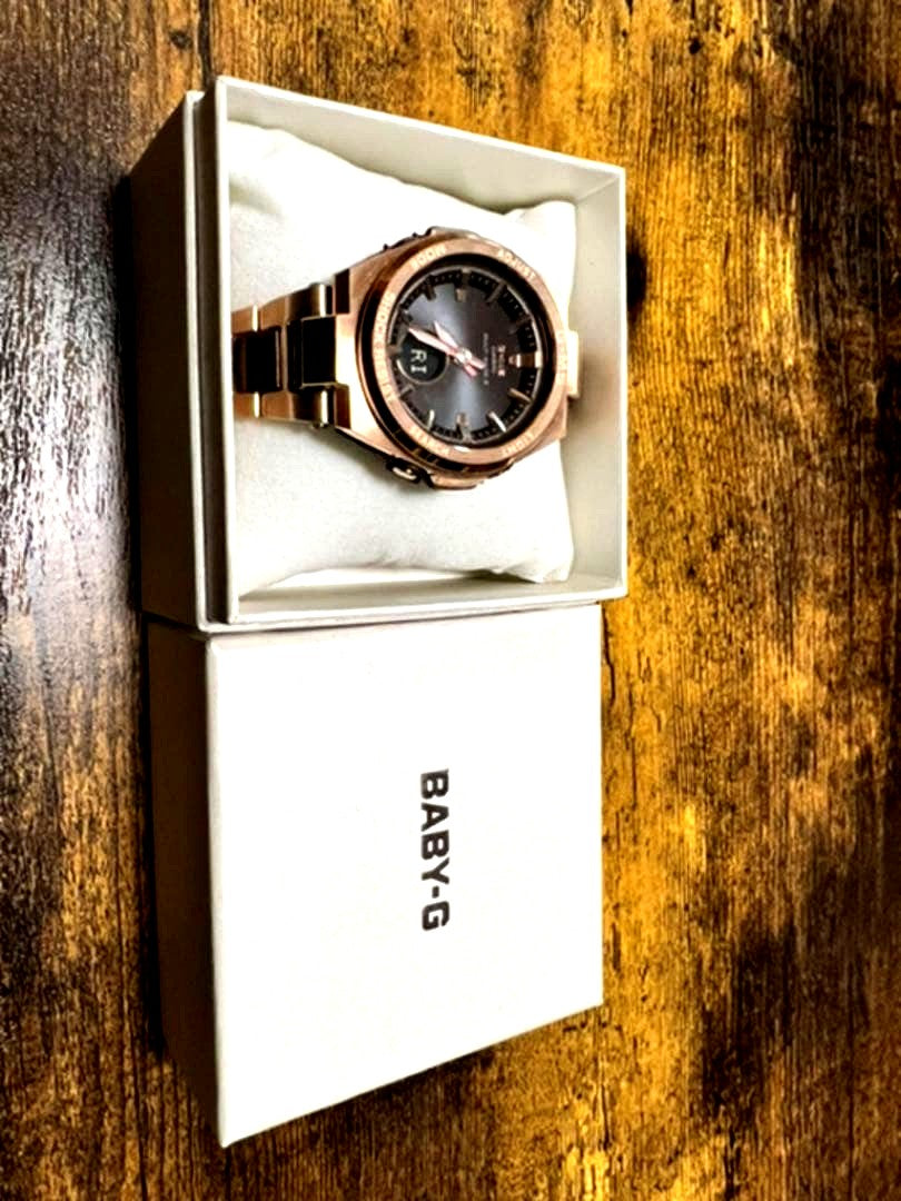 Casio Baby-G MSG-B100CG-5AJF pink gold watch with stainless steel band and solar movement