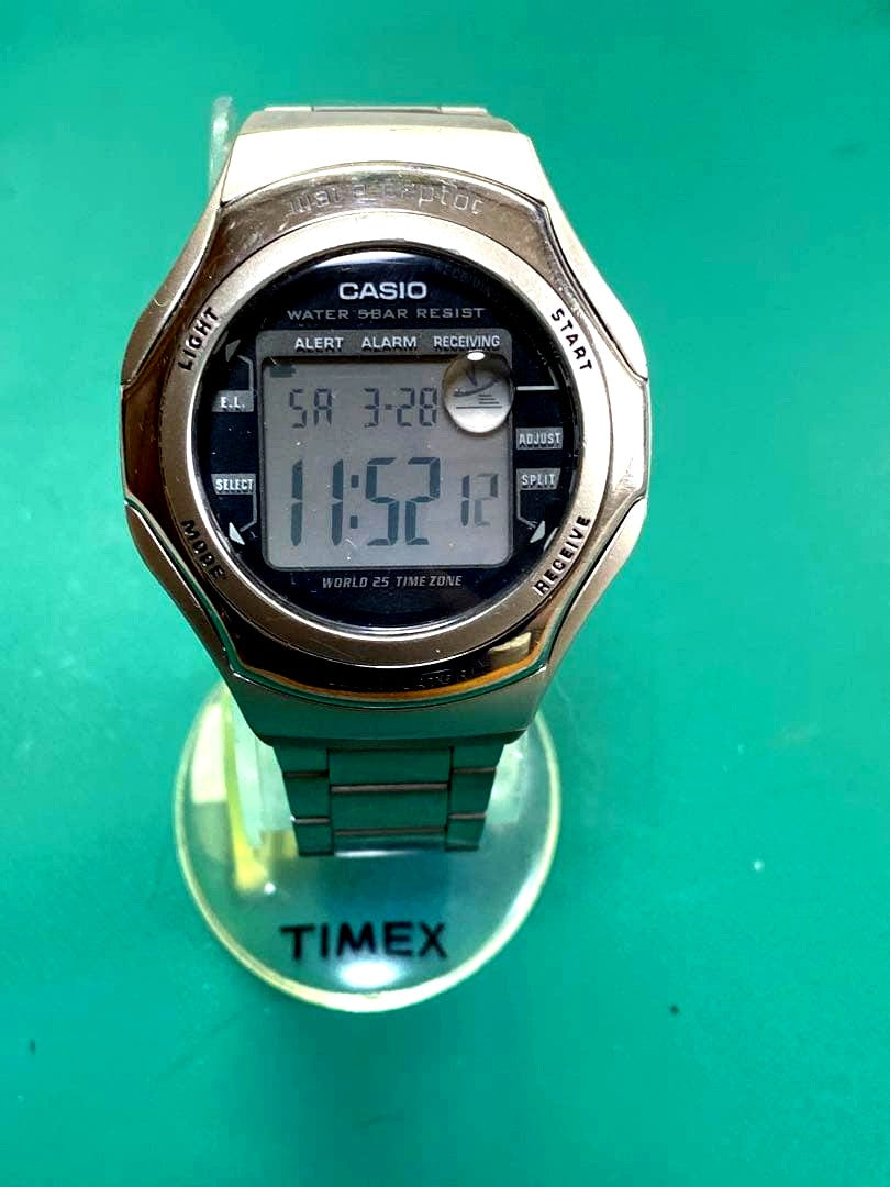 Casio Wave Ceptor WV-56HQ solar radio wave digital watch with black band and rectangular face