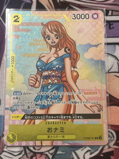 One Piece Card Game Nami OP06-101 promo card from Japan shown with detailed artwork