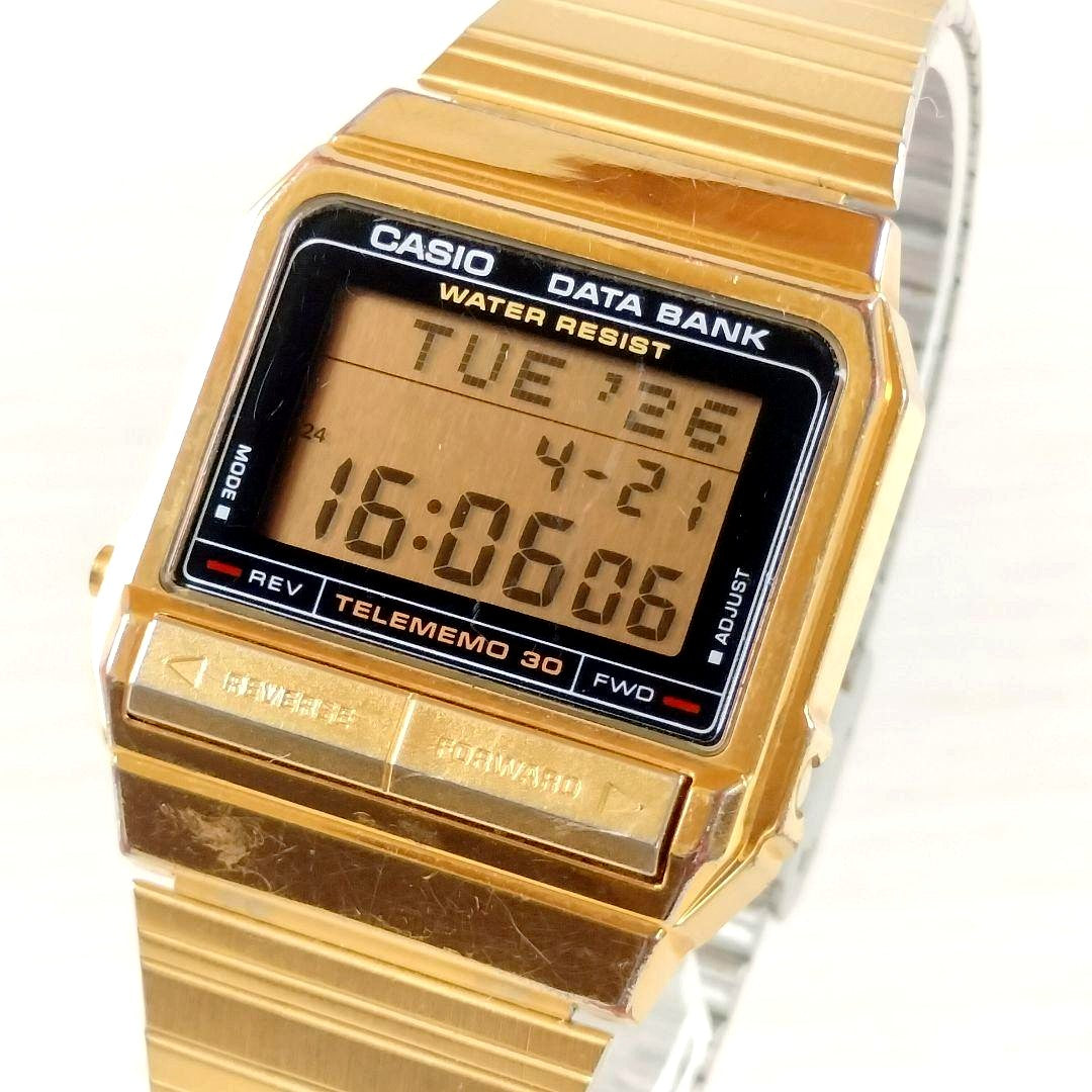 Casio Data Bank TeleMemo 30 digital wristwatch from the 1980s with black strap and vintage design