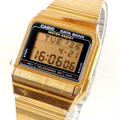 Casio Data Bank TeleMemo 30 digital wristwatch from the 1980s with black strap and vintage design