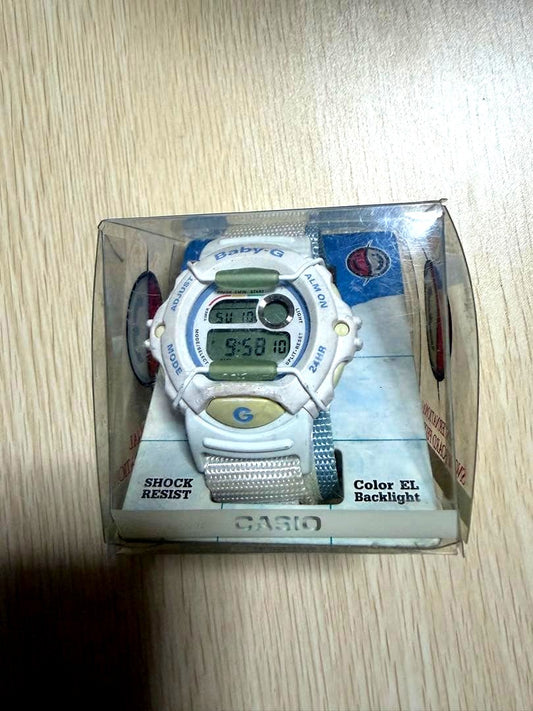 Casio Baby-G white watch featuring EL backlight and shock resistant design, imported from Japan