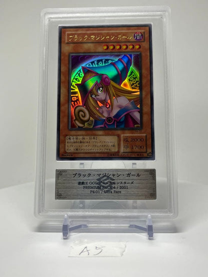 Yugioh Black Magician Girl Ultra Rare P4-01 trading card in protective sleeve with cardboard backing