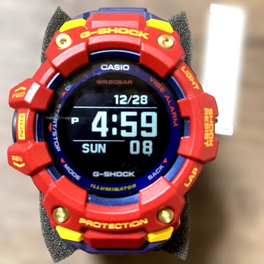 Casio G-Shock GBD-100BAR-4JR FC Barcelona collaboration watch with red and blue team colors and digital display