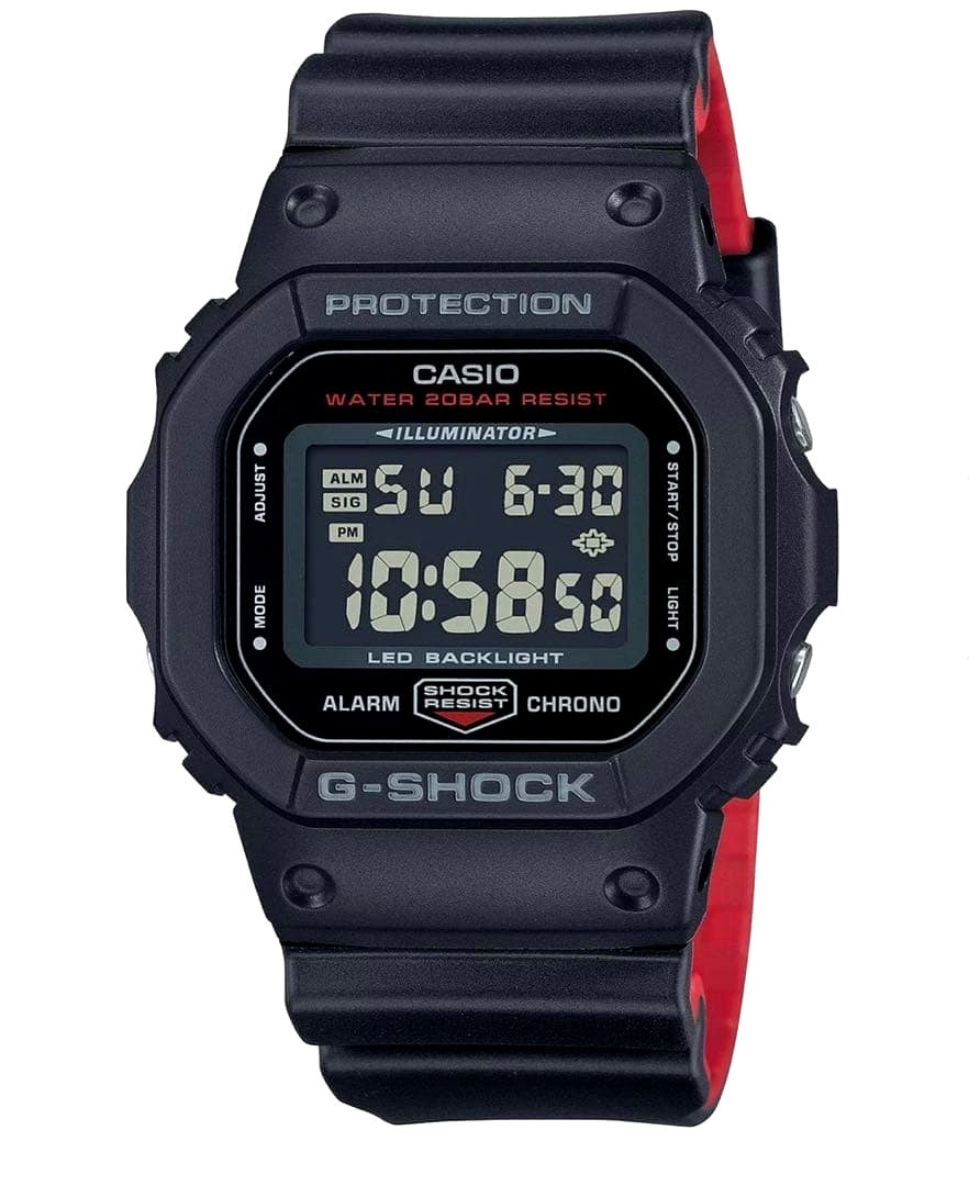 Casio G-Shock DW-5600UHR-1JF black and red square watch with LED backlight, new in box