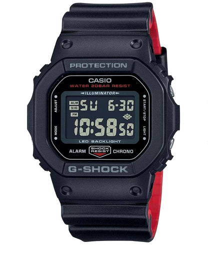 Casio G-Shock DW-5600UHR-1JF black and red square watch with LED backlight, new in box