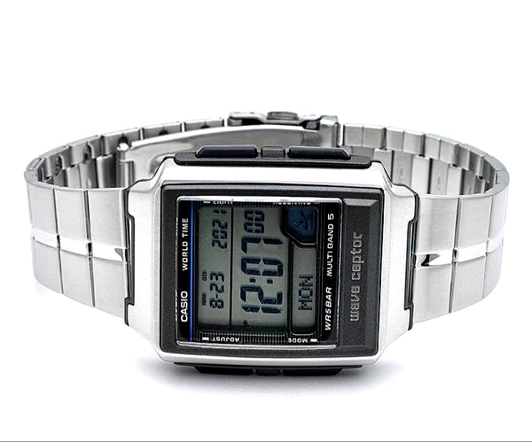 Casio Digital Watch with Radio Control in silver, showing digital display and stainless steel band
