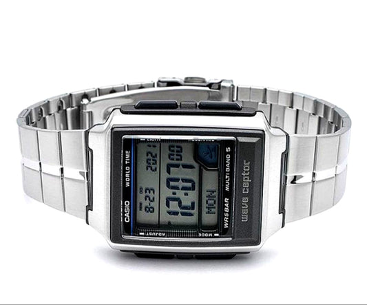 Casio Digital Watch with Radio Control in silver, showing digital display and stainless steel band