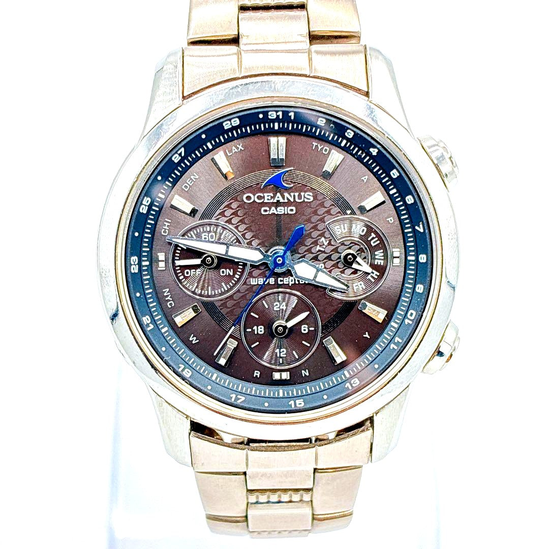 Casio Oceanus OCW-30 2009 radio solar chronograph watch with deep brown dial and blue seconds hand