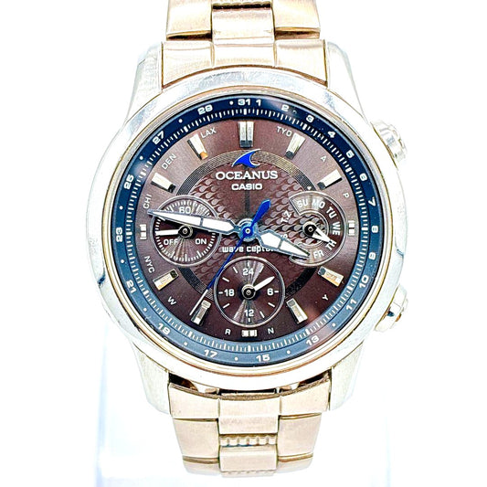 Casio Oceanus OCW-30 2009 radio solar chronograph watch with deep brown dial and blue seconds hand